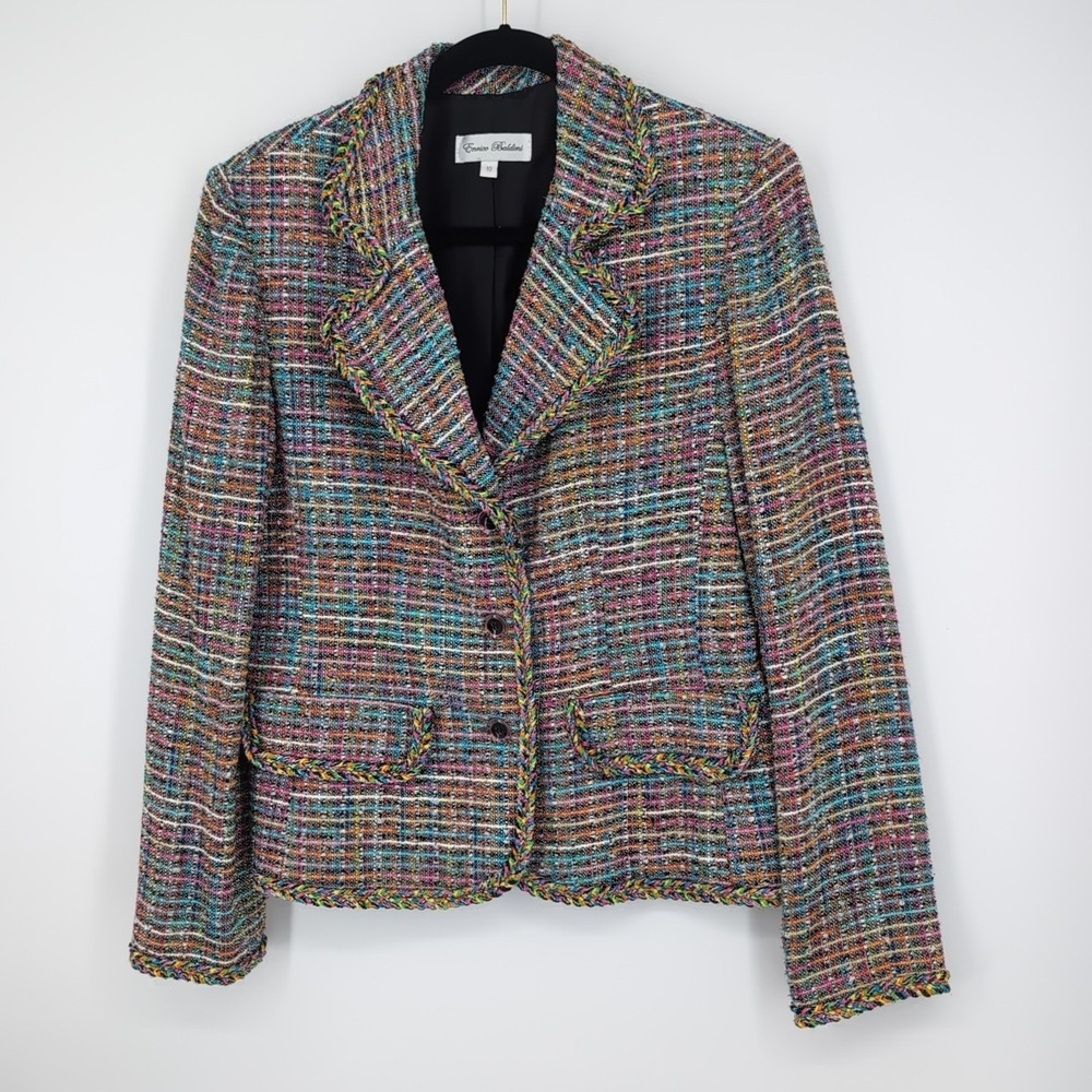 Enrico Baldini Womens Multi Color Tweed Blazer Jacket Braided Trim Size 10